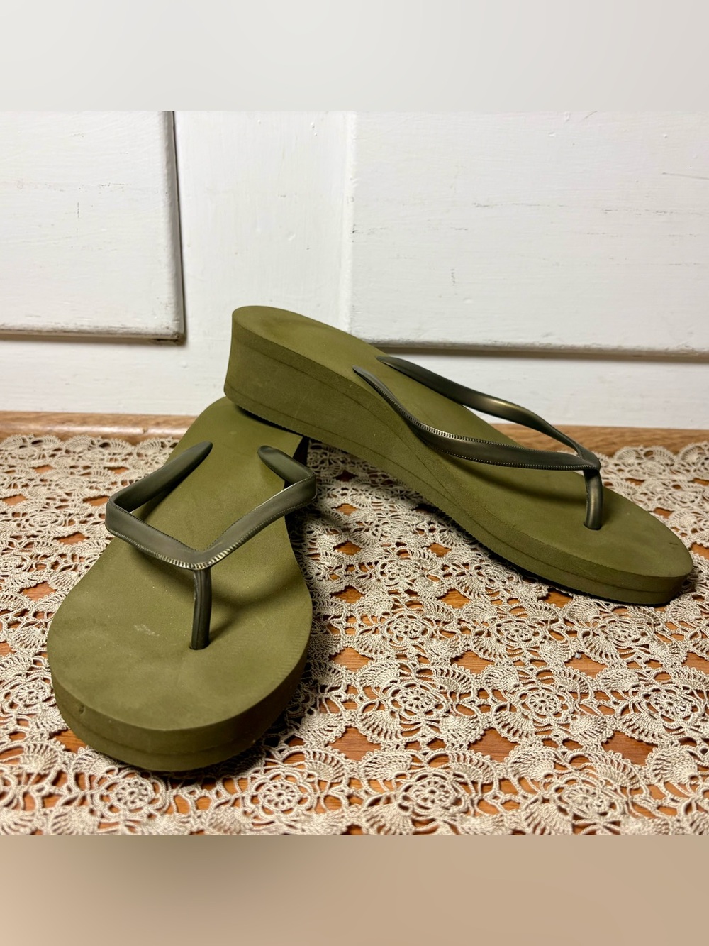 Olive Green Foam Platform Wedge Flip Flop Sandals